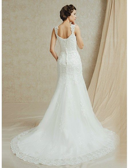 Best Sequined Lace Sweep Train Trumpet Wedding Dress #BS089 $298.9 ...