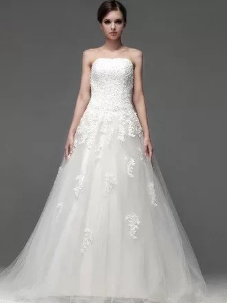 Lace A-line Long Tulle Wedding Dress with Sweep Train
