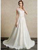 Gorgeous Lace Cap Sleeves Open Back Wedding Dress Long Train