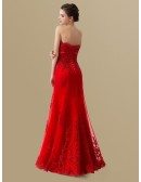 Red Sequined Lace Long Tulle Wedding Party Dress
