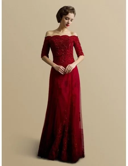 Best Off the Shoulder Lace Half Sleeve Long Red Wedding Dress
