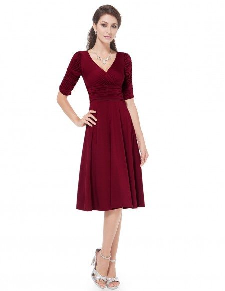 A-line V-neck Knee-length  Pleated Bridesmaid Dress With Sleeves