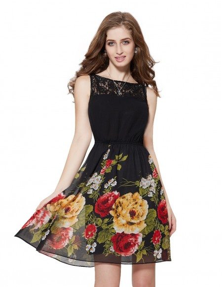 A-line Scoop Neck Short Floral Print Casual Dress for Summer