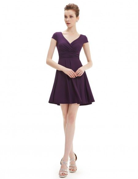 A-line V-neck Short Casual Dress With Cap Sleeves