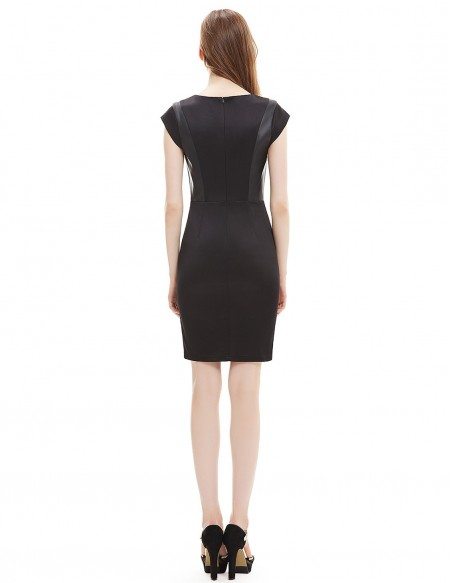 Sheath Round Neck Casual Black Dress With Cap Sleeves