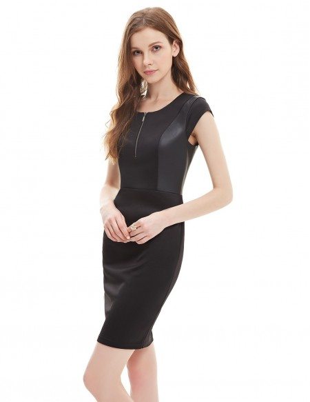 Sheath Round Neck Casual Black Dress With Cap Sleeves