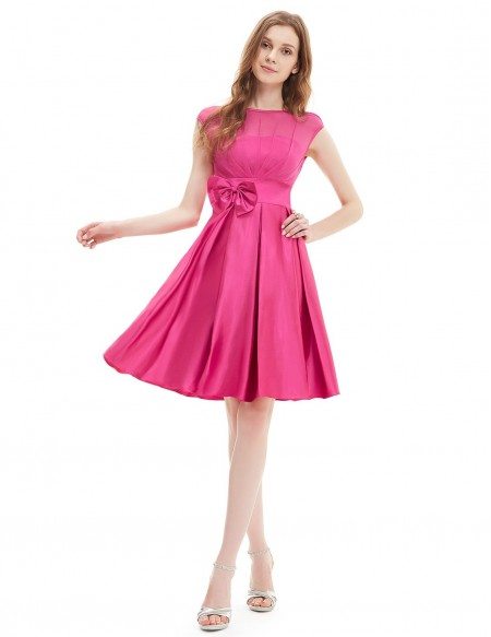 A-line Round Neck Knee-length Satin Party Dress With Cap Sleeves