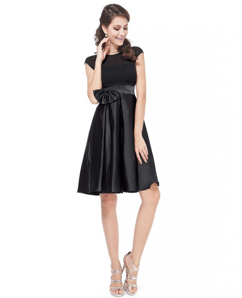 A-line Round Neck Knee-length Satin Party Dress With Cap Sleeves # ...