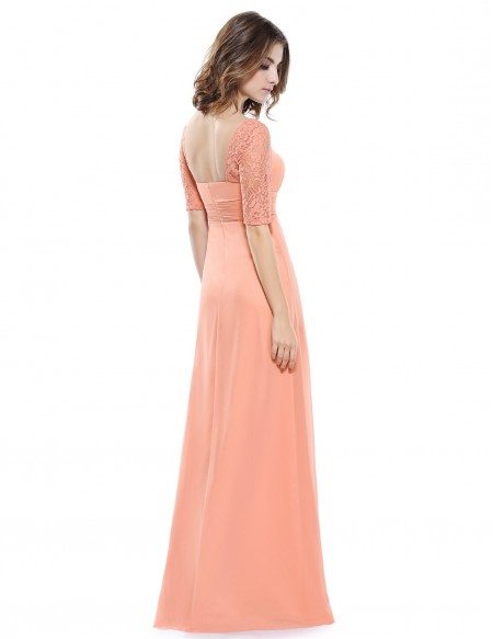Empire Square Neckline Floor-length Bridesmaid Dress With Lace Sleeves