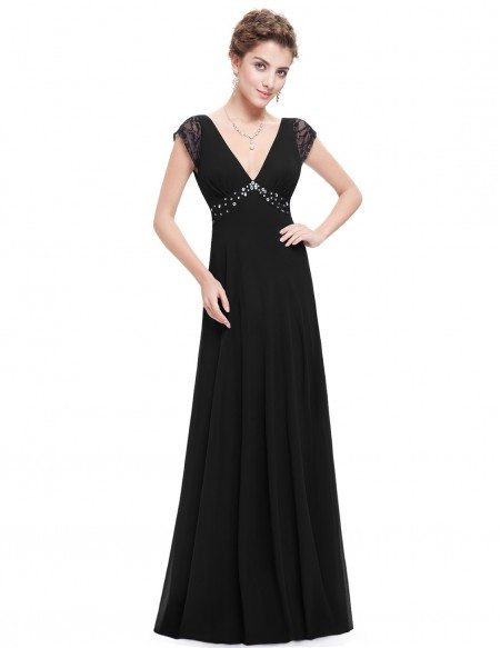 A-line V-neck Floor-length Evening Dress With Cap Sleeves #HE08068BD ...