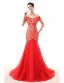 Mermaid Off-the-Shoulder Sweep Train Lace Prom Dress