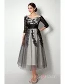 Short Scoop Long-sleaves Tea-length Dresses With Lace