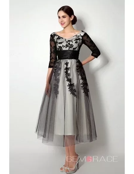 Short Scoop Long-sleaves Tea-length Dresses With Lace #C19266 $118 ...