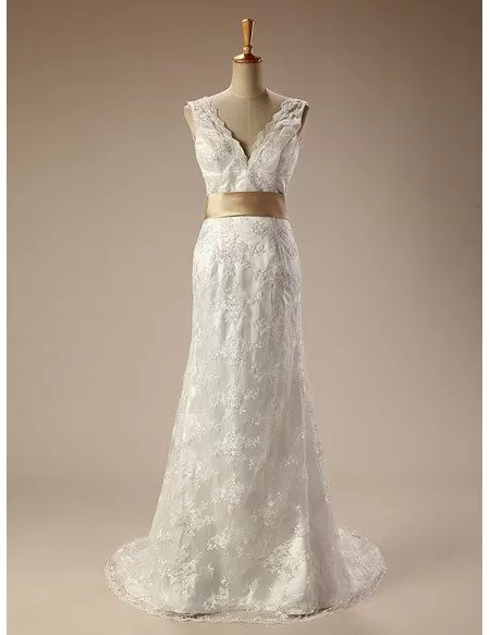 Long V-neck Lace Wedding Dress with Bow Knot in Back