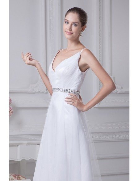 Simple Short Tulle Wedding Dresses With Straps Beaded with Deep V Neck ...