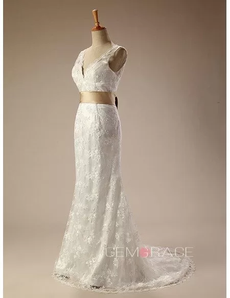 Long V-neck Lace Wedding Dress with Bow Knot in Back