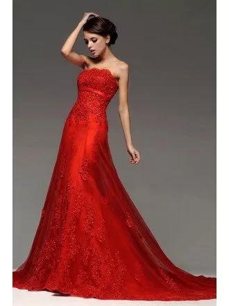 Red Sequined Lace Long Tulle Wedding Party Dress