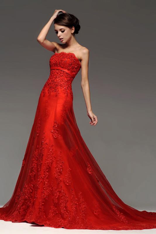 Red Sequined Lace Long Tulle Wedding Party Dress #BS095 $198.9 ...