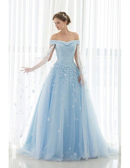 Blue Floral Off the Shoulder Long Tulle Wedding Dress
