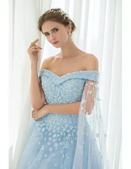 Blue Floral Off the Shoulder Long Tulle Wedding Dress #CH0087 $197 ...