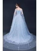 Blue Floral Off the Shoulder Long Tulle Wedding Dress