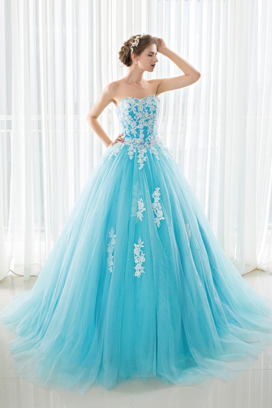 Blue Long Tulle Lace Strapless Ballgown Wedding Dress #CH0085 $157 ...