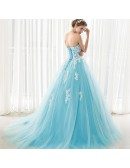 Blue Long Tulle Lace Strapless Ballgown Wedding Dress