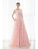 A-line Pink Scoop Neck Lace Long Formal Dress