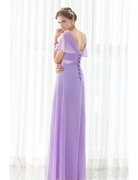 V-neck Purple Long Chiffon Elegant Bridesmaid Dress
