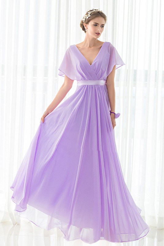 V-neck Purple Long Chiffon Elegant Bridesmaid Dress #CY0283B $82 ...