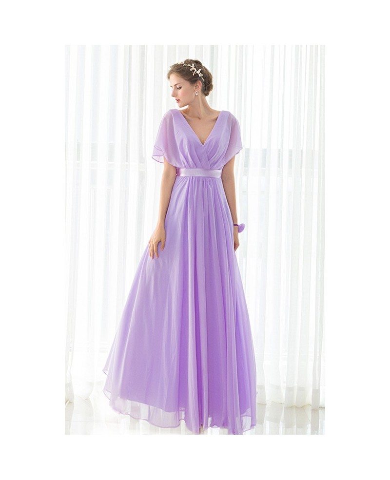 V-neck Purple Long Chiffon Elegant Bridesmaid Dress #CY0283B $82 ...