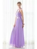 Purple Long Halter Chiffon Elegant Bridesmaid Dress