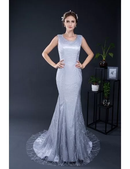 Elegant Mermaid Beaded Long Grey Evening Dress