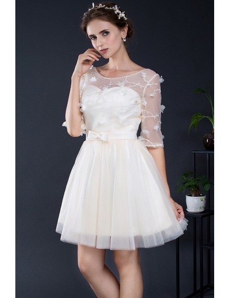 Champagne Short Tulle Formal Dress with Half Sleeves #YH0103C $75 ...