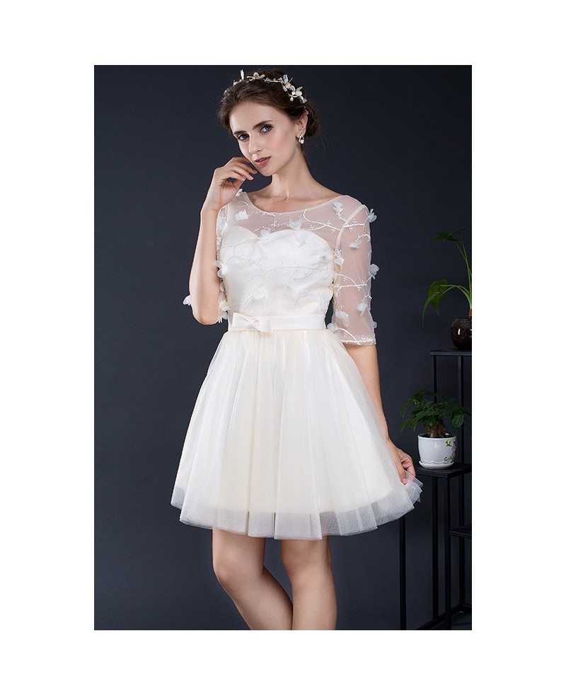 Champagne Short Tulle Formal Dress with Half Sleeves #YH0103C $75 ...
