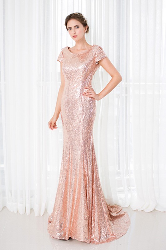 rose gold sequin mermaid dress Shiny Rose Gold Lace Sequin Mermaid Prom Dress main image 1