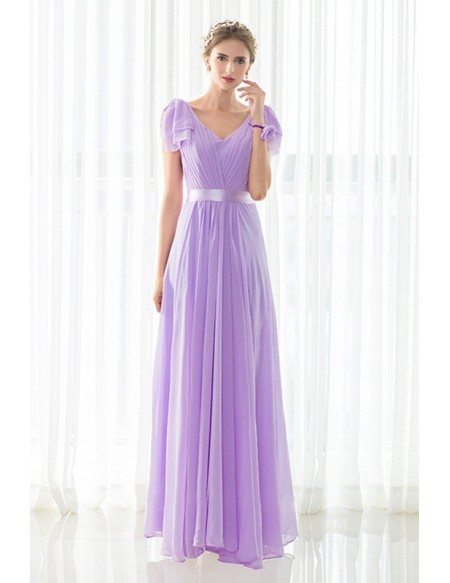 Purple Long Pleated Chiffon Elegant Bridesmaid Dress