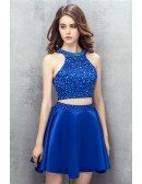 Bling Sequins Royal Blue Two Pieces Satin Short Prom Dress