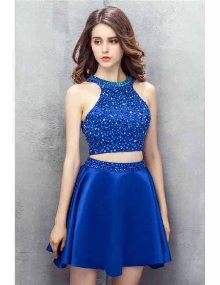 Bling Sequins Royal Blue Two Pieces Satin Short Prom Dress #YH0106 $122