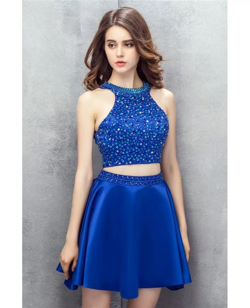 Bling Sequins Royal Blue Two Pieces Satin Short Prom Dress #YH0106 $122