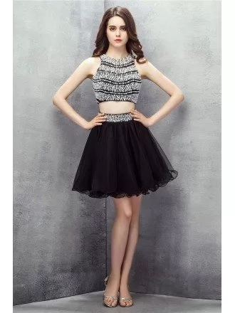 Chic Black and White Co-ord Beaded Pearls Short Tulle Prom Dress