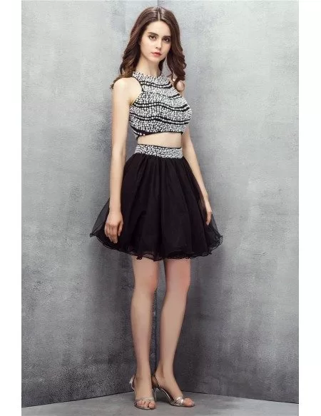 Chic Black and White Co-ord Beaded Pearls Short Tulle Prom Dress
