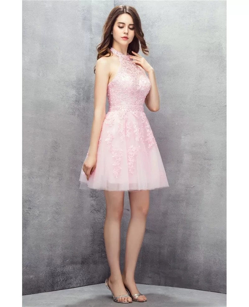 Pink Short Halter Lace Tulle Prom Dress #YH0113 $122 - GemGrace.com