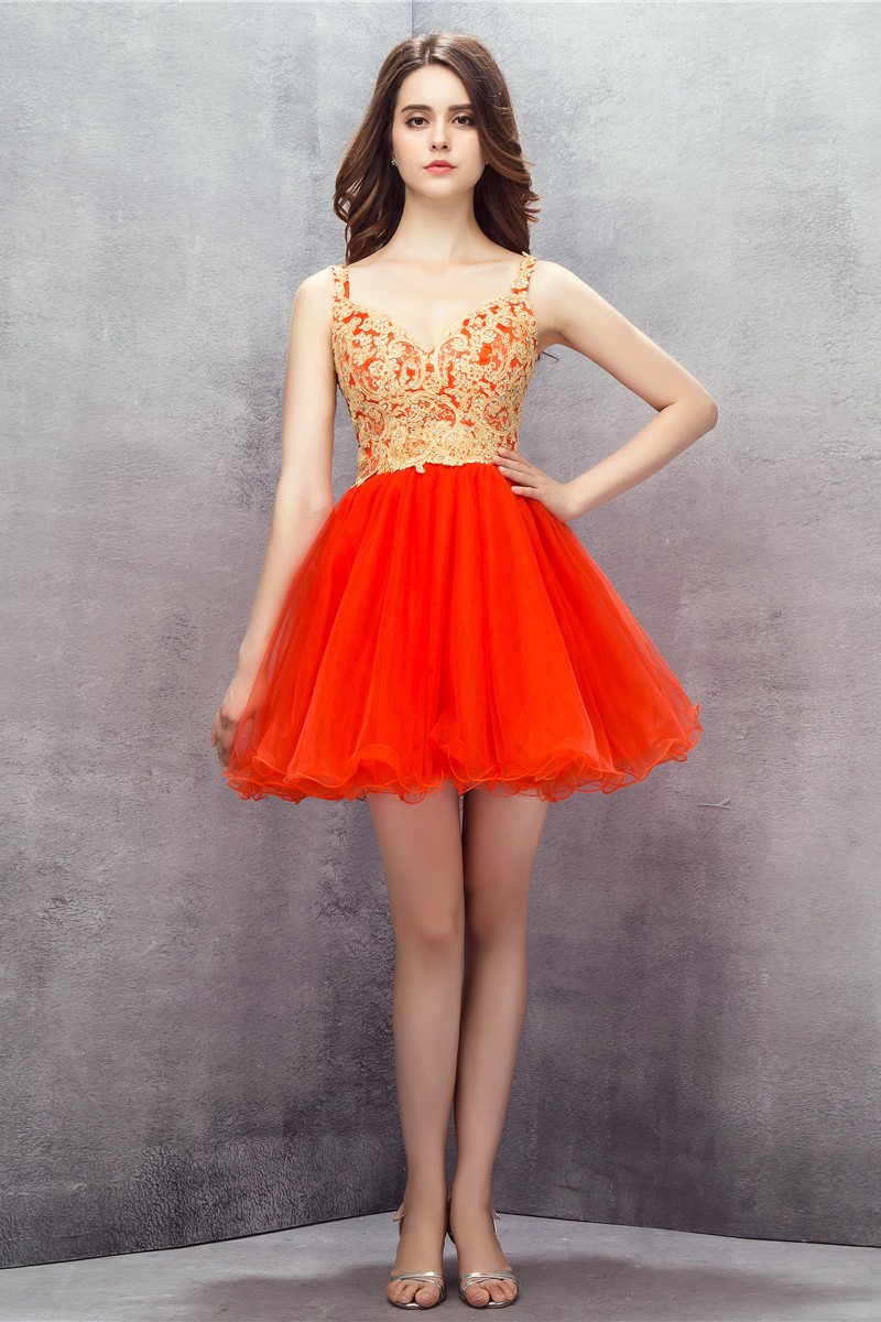 Orange Embroidered Spaghetti Straps Short Tulle Prom Dress #YH0114 $120 -  GemGrace.com