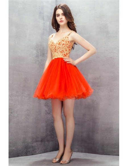 Orange Embroidered Spaghetti Straps Short Tulle Prom Dress