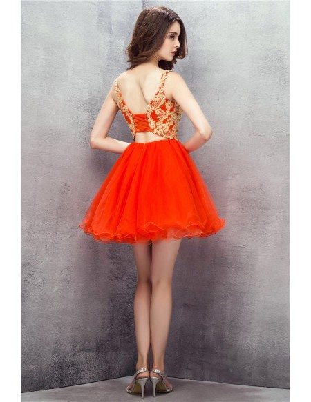 Orange Embroidered Spaghetti Straps Short Tulle Prom Dress #YH0114 $120 ...