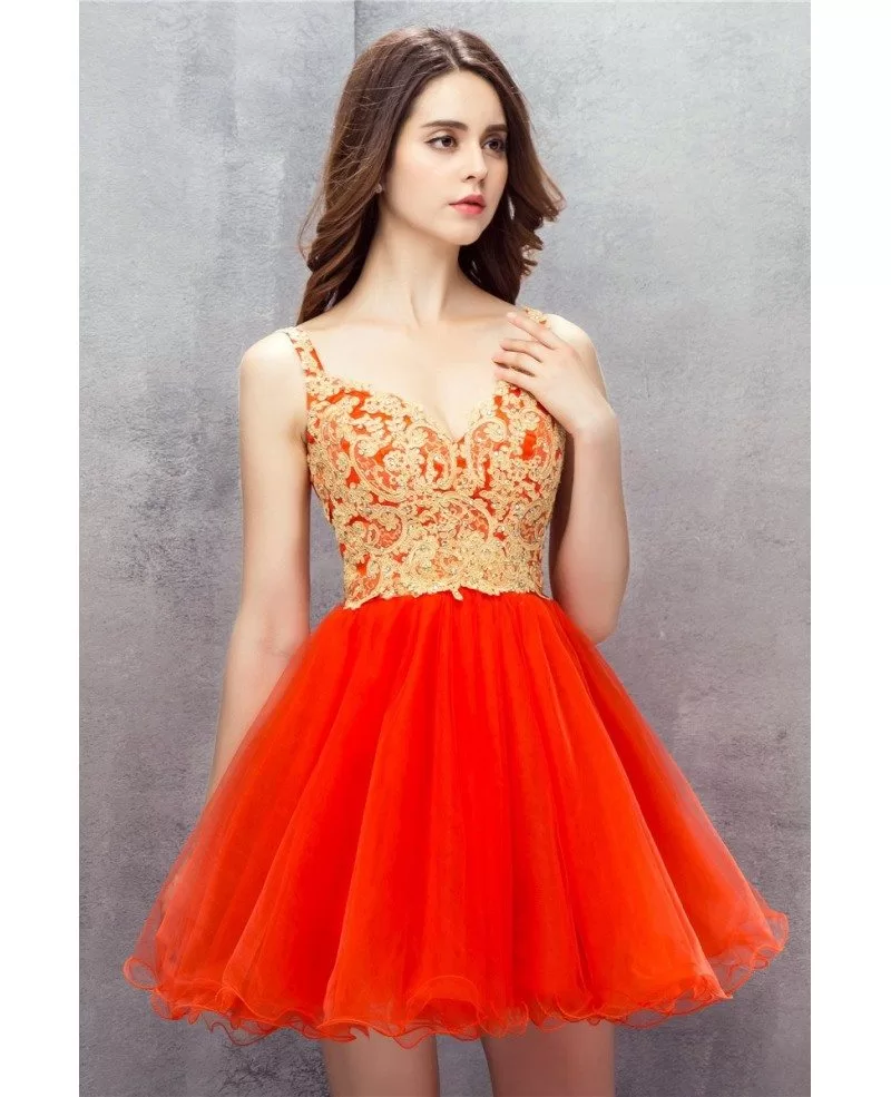 Orange Embroidered Spaghetti Straps Short Tulle Prom Dress #YH0114 $120 ...
