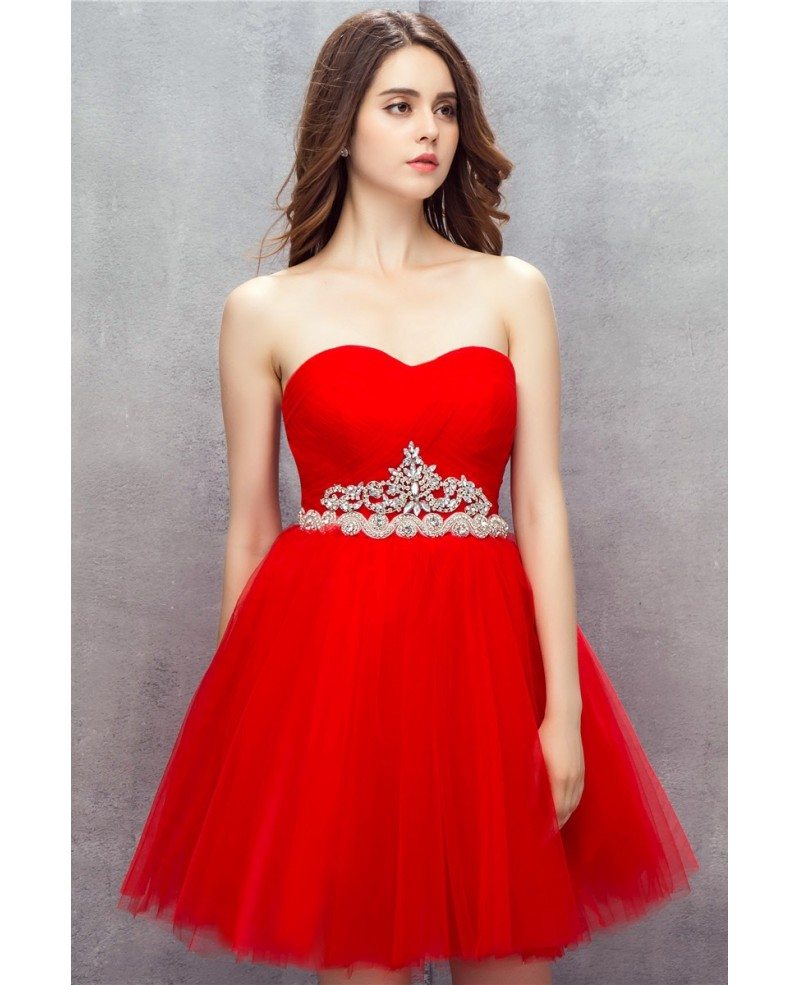 Sweetheart Red Beaded Short Tulle Prom Dress #YH0115 $117 - GemGrace.com