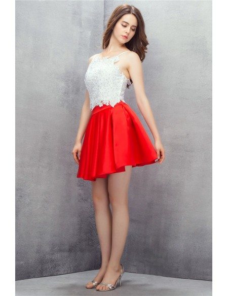 Red and White Spaghetti Straps Short Lace Prom Dress