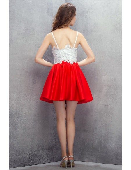 Red and White Spaghetti Straps Short Lace Prom Dress